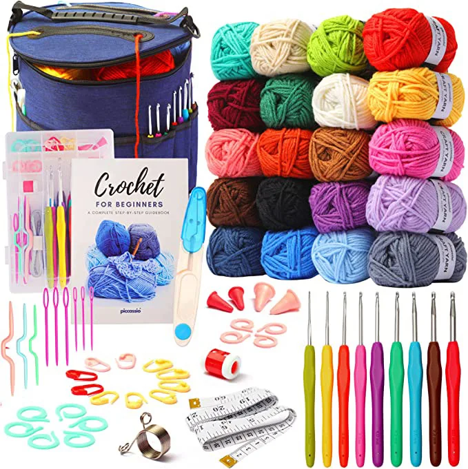 crochet kit set with yarns, crochet hook and full set accessories with tote organizer for beginner