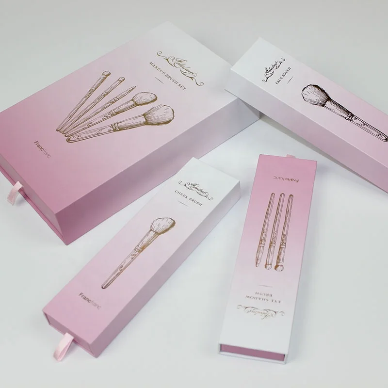 Costumized Luxury Rigid Sliding Cardboard Paper Slider Package Pink Gift Box With Pull Out Drawer For Makeup Brush Set