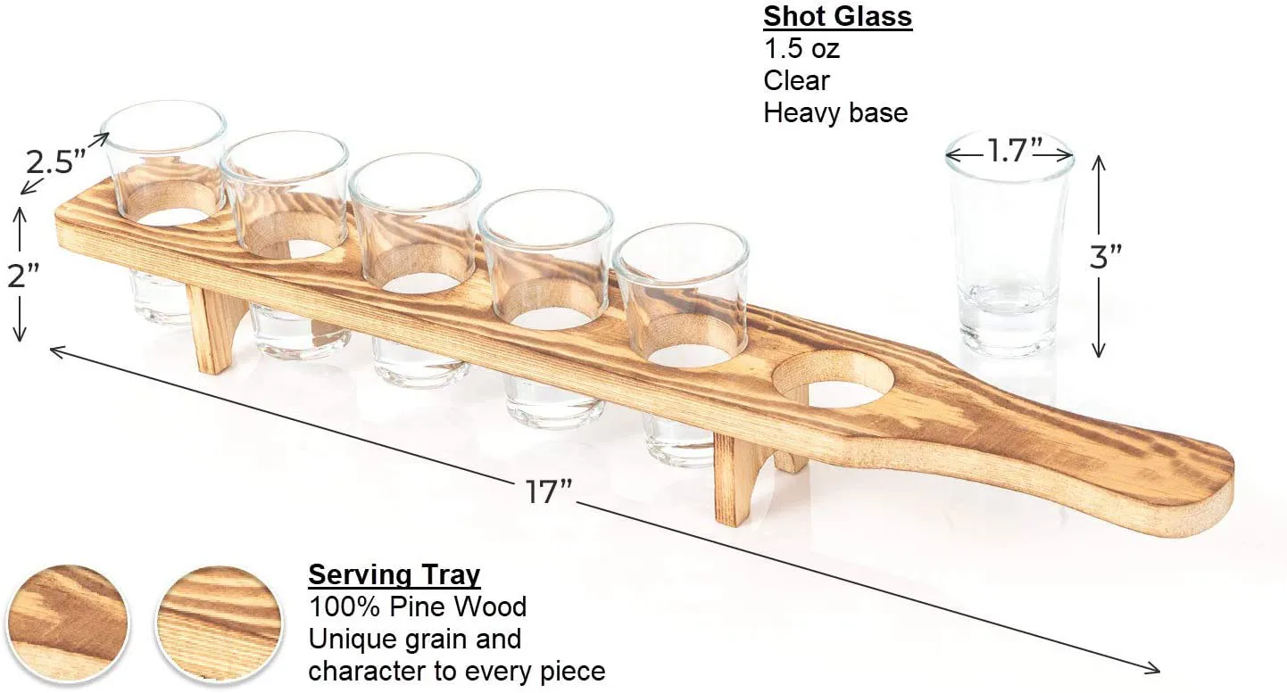 1.5oz/45ml Unique Rustic Wooden Holder Heavy Base Shot Glass for Whisky Tequila with Serving Tray
