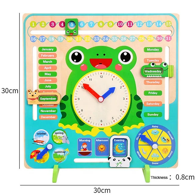Wooden Frog Multi-functional Early Childhood Education Cognition Calendar Clock Baby Toy