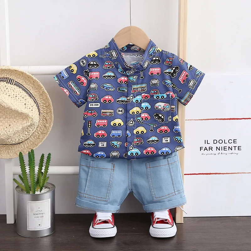 2025 летняя одежда для мальчиков рубашка с принтом костюм детей повседневный комплект одежды коротким рукавом комплекты детская