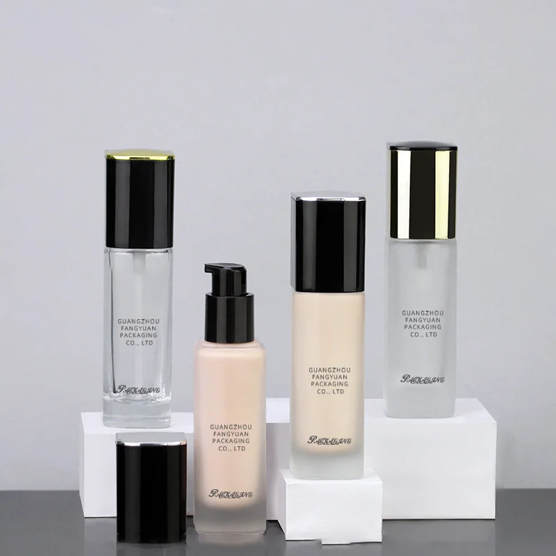 30ml 50ml Luxury Bb Cream Flat Shoulder Frosted Skincare Packaging Liquid Foundation Lotion Glass Press Bottle With Pump