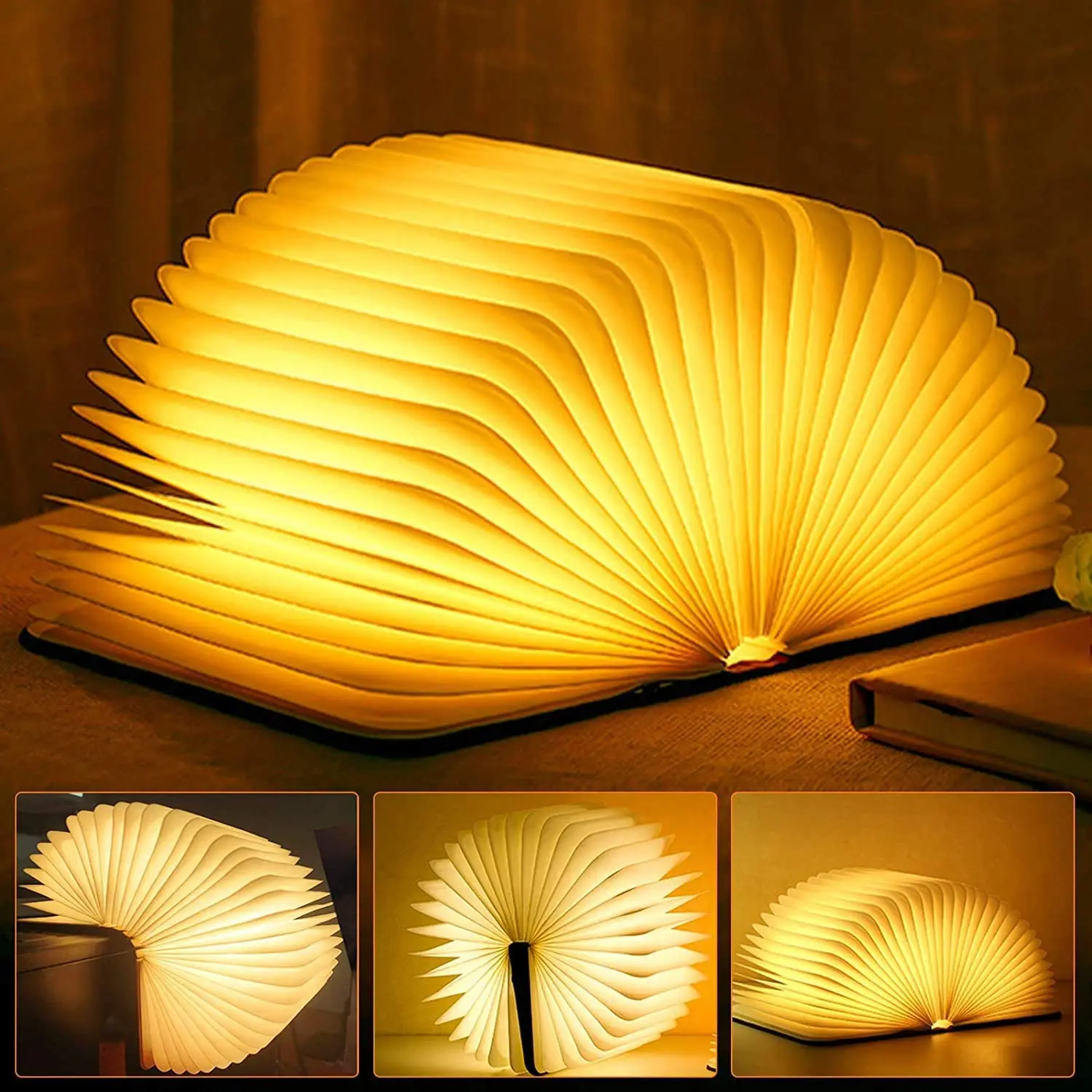 Wooden Book Light,Novelty Folding Book Lamp Folding Night Light USB Rechargeable Wooden Table Lamp