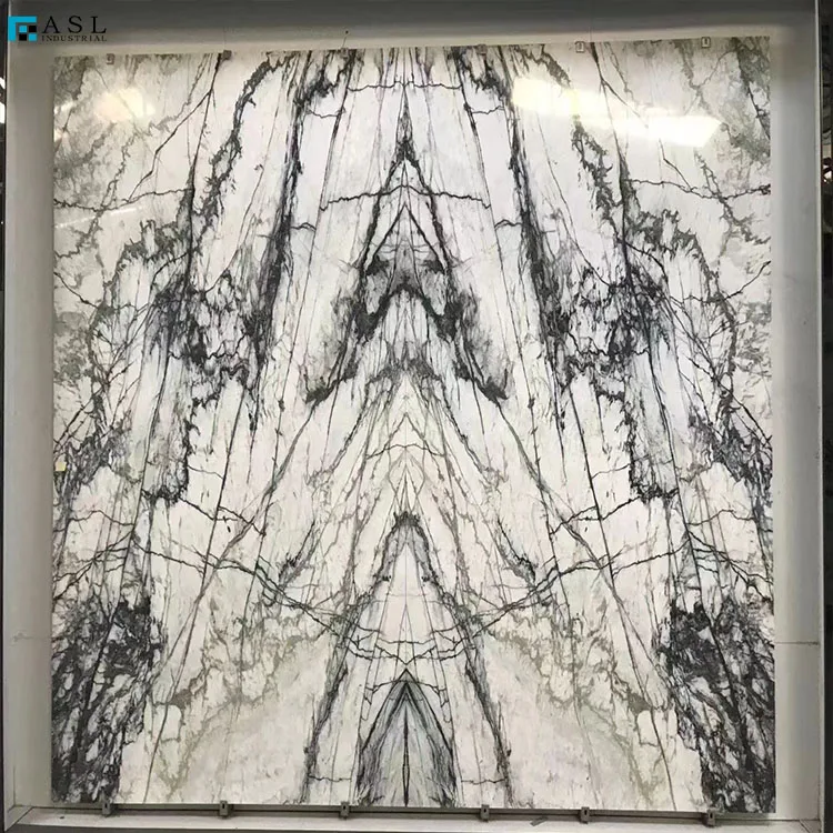 Cyan-White Bookmatch Marble Wall Tile Green Veins Orchid Jade White Marble Tiles