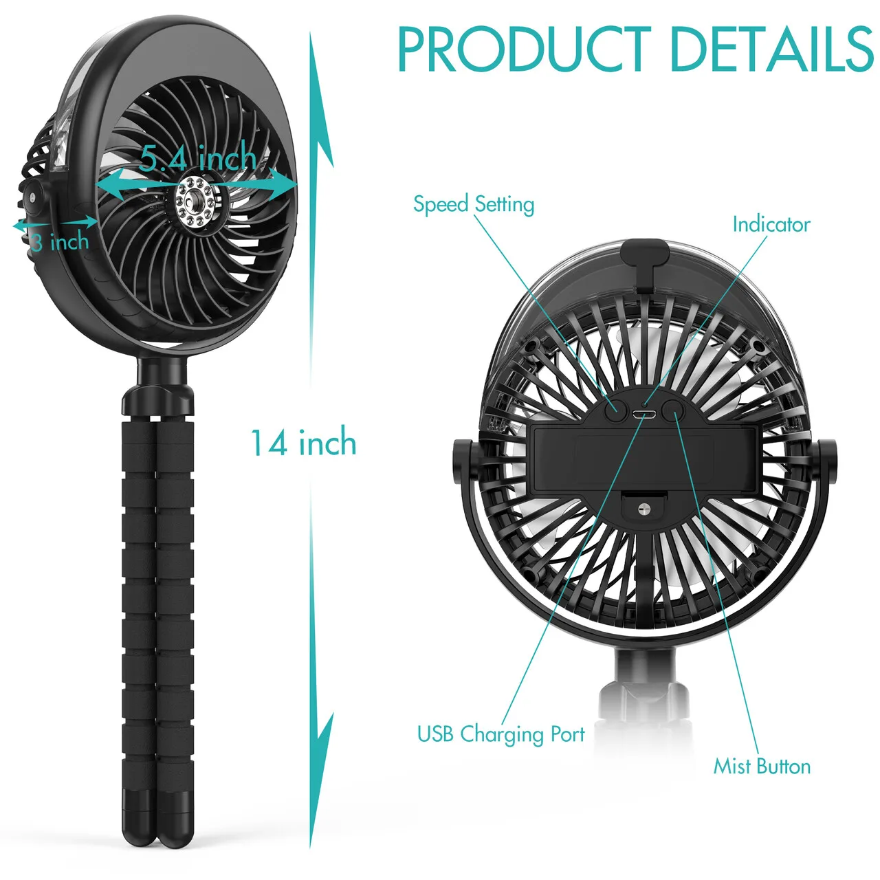 JMKSmart New Product  Portable 2500mAh USB Mist Spray Fan Mini Octopus Baby  Stroller Fan For Kids Bedroom