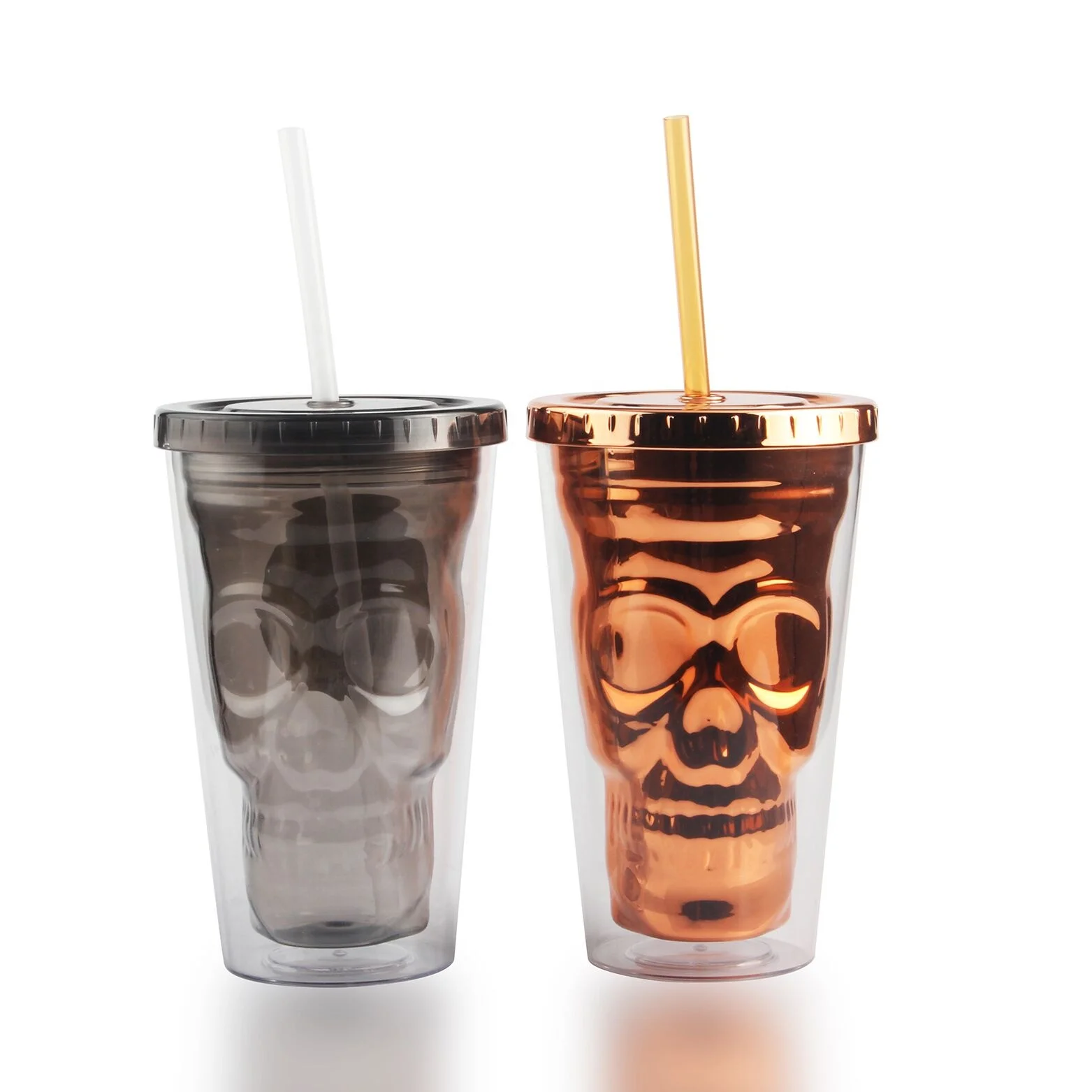 Koi 16 OZ Double Wall Skull Shape Plastic Tumbler with Lid and Straw Glow Barware Eve Halloween Party Supplies Customizable