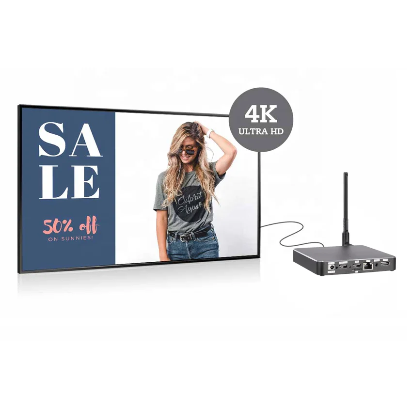 4K high resolution easy to use digital signage media player for regular TV and Monitor screen advertising