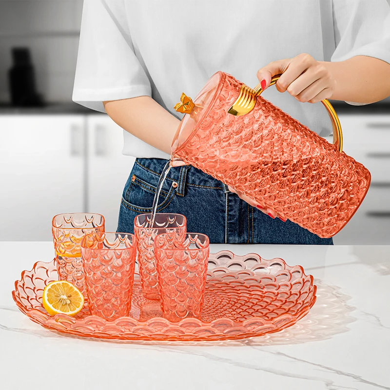 Custom Logo  PS Plastic Fish Scale Kettle Sst Orange Transparent Drinkware Water Jug Set With 4 Cup And Tray Acrylic Pitcher