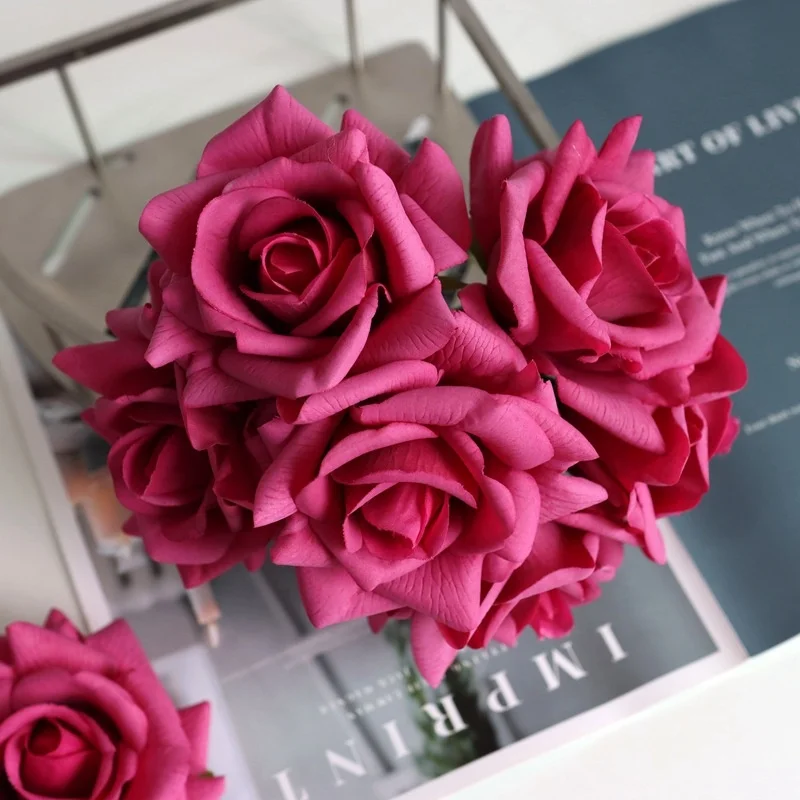 Wholesale Latex Hot Pink Roses Bunch Artificial Real Touch Flowers for Wedding Decoration Centerpiece flower