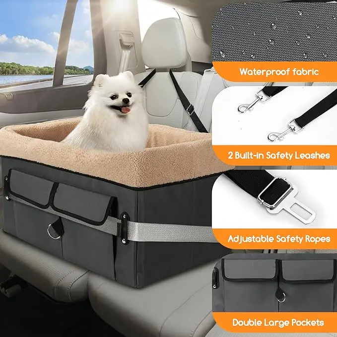 Dog Car Portable Booster Seat for Car with Storage Pockets Clip-On Safety Leash and Adjustable Straps Pet Travel Carrier Bed
