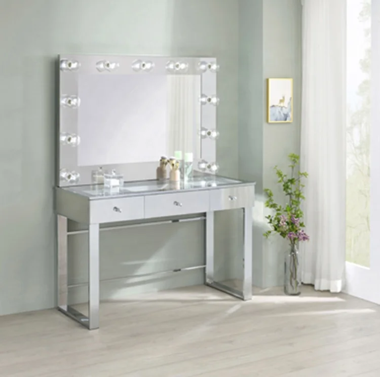 Modern Bedroom Vaniti Set 3 Drawers Glass Top Led Light Mirror White Makeup Vanity Dressing Table With Led Mirror Nordic