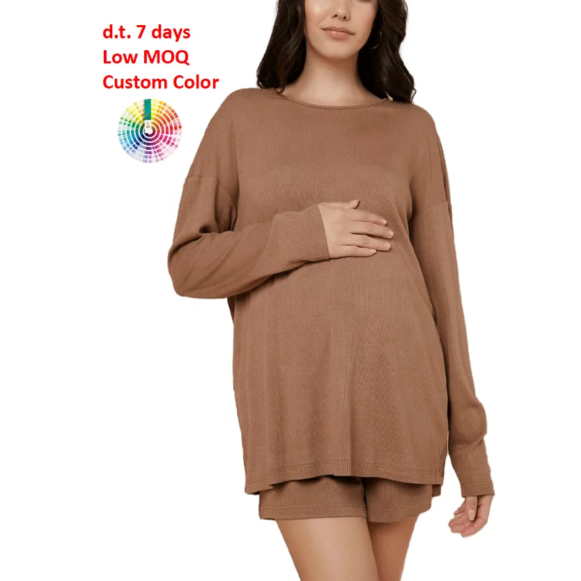 
M048 Drop Shoulder Long Sleeve Rib Knit Clothes Tee and Shorts Maternity Loungewear Sets 