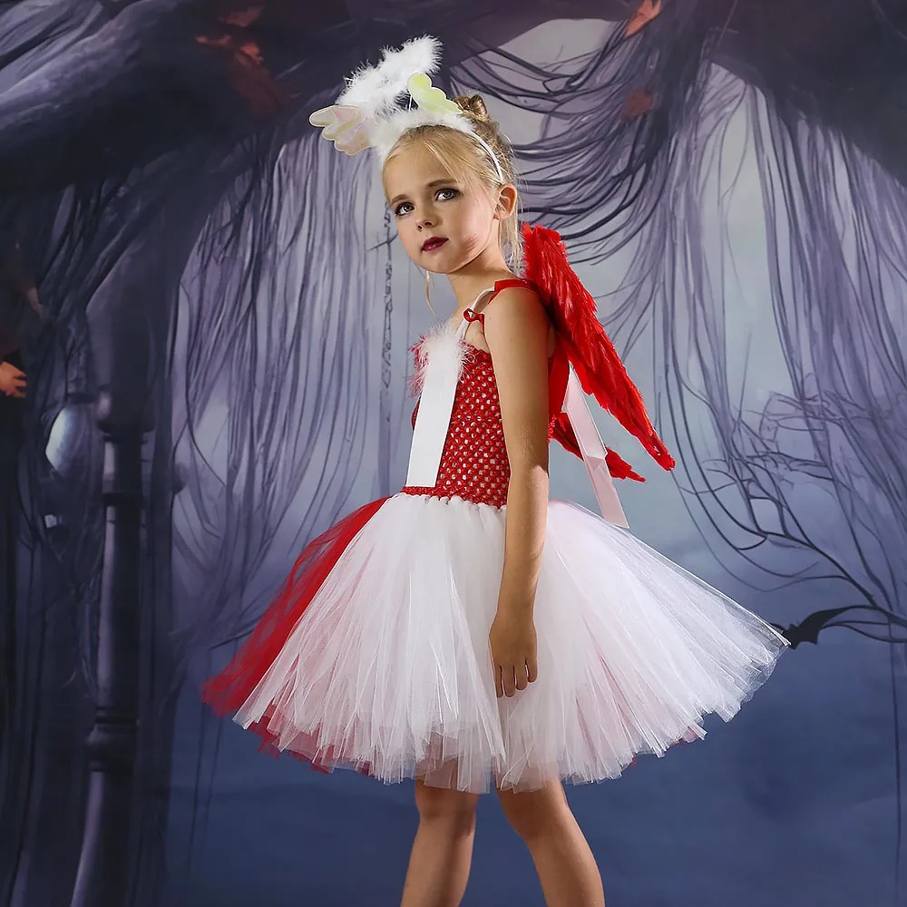 European and American Girls Halloween Costume Rabbit Dress Half Angel Half Devil Cosplay Dress Gauze Shaggy Dress