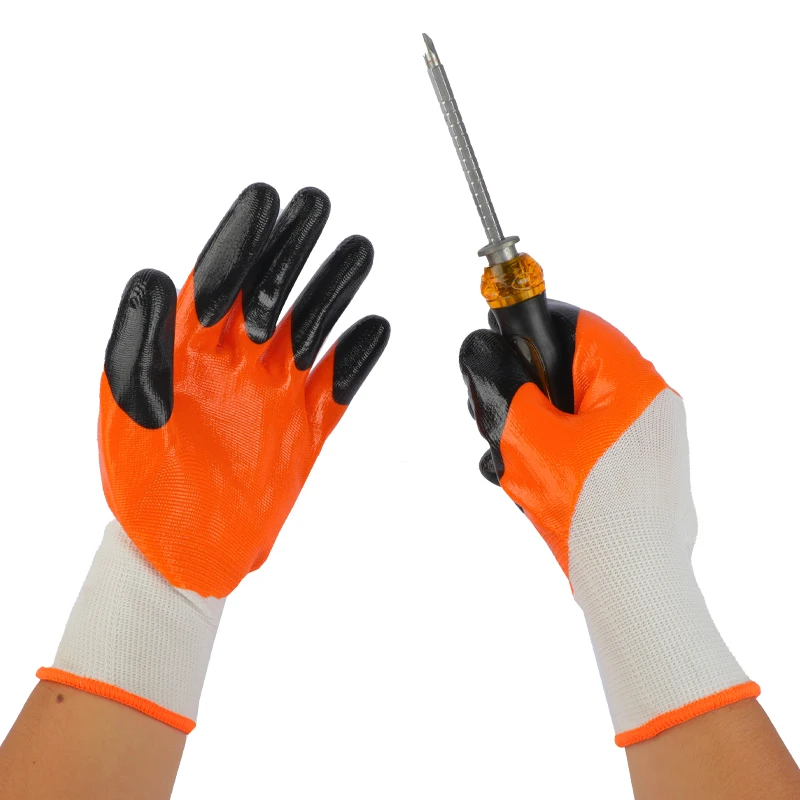Cheap 13 Size Polyester Orange Nitrile Finger Coated Gloves