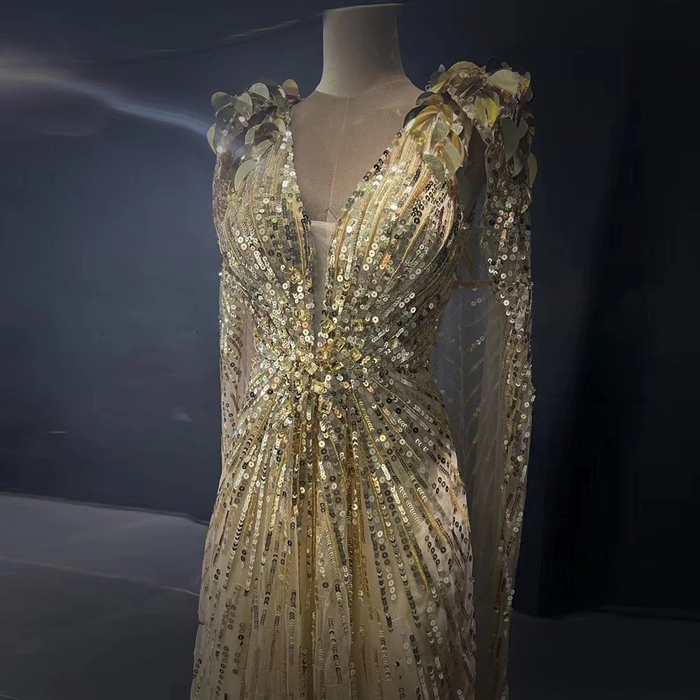Luxury Gold Dubai Evening Dresses with Cape Sparkly Beaded Elegant Long Formal Party Dress for Women Wedding SCZ036-1