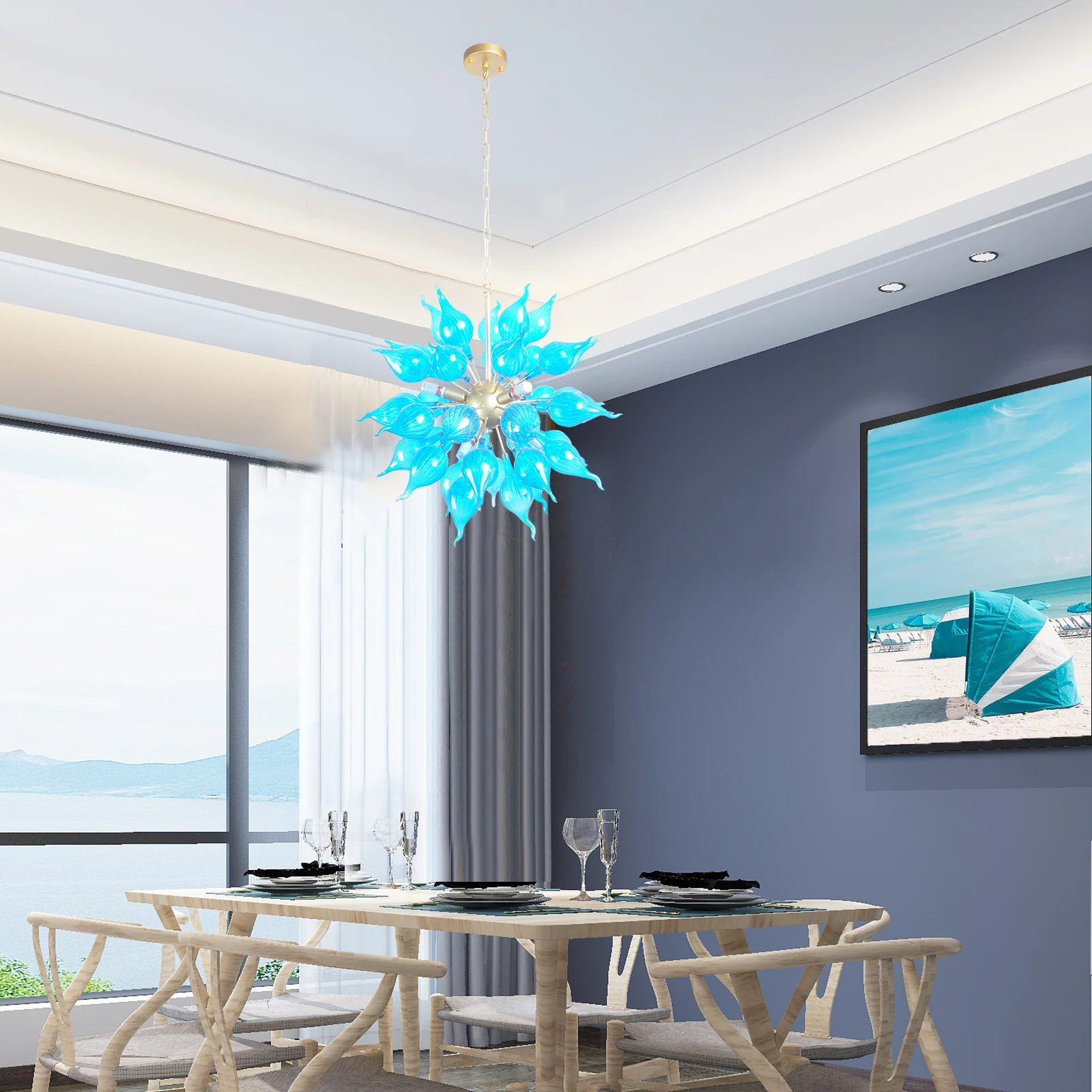 Blue Hand Blown Chandelier Living Room Modern Indoor Decor Frosted White Glass Chandeliers Hanging Pendant Lamp with LED Bulbs