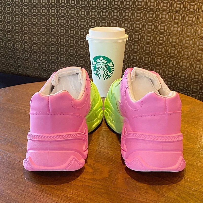 Women 5 CM Heel Chunky Shoes Large Size 35-41# Pink Color With Blue Or Green Color Block Shoes