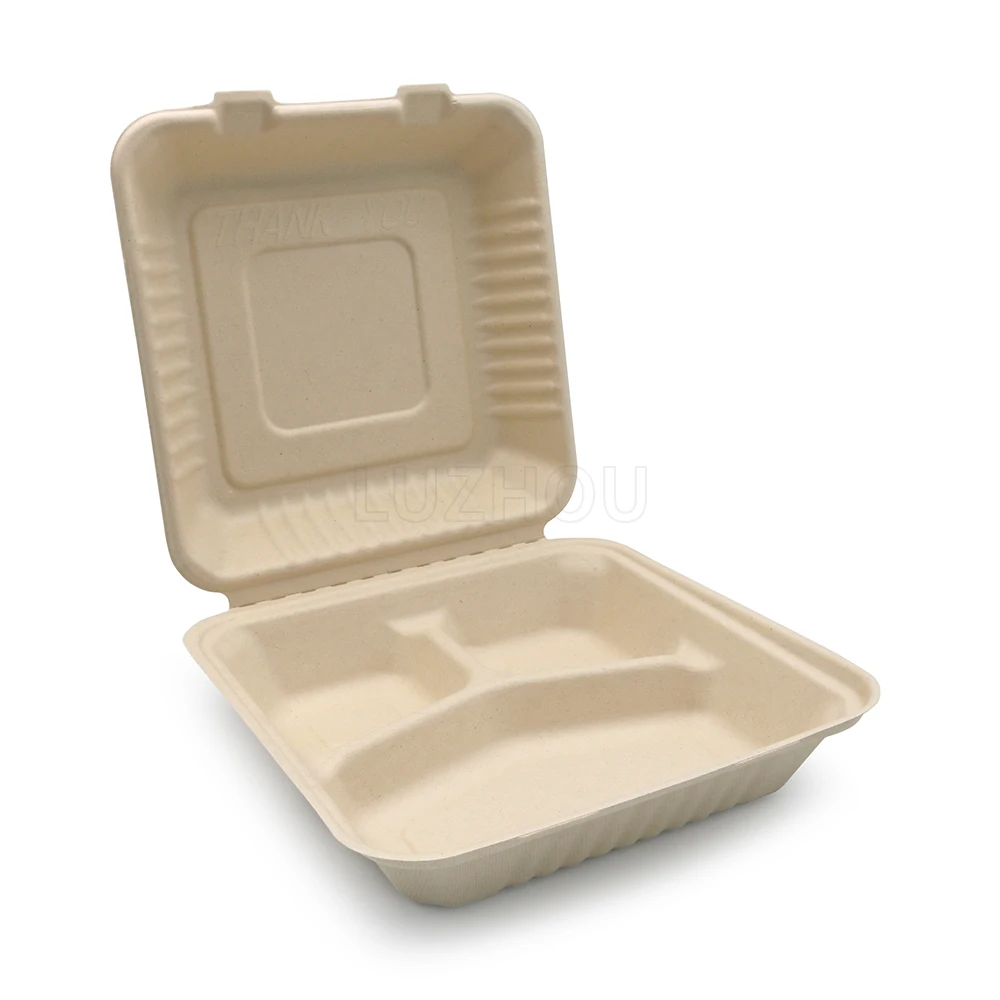 9 inch Bagasse Sugarcane 3 Compartments Lunch Box Biodegradable Compostable Food Containers With Certificates