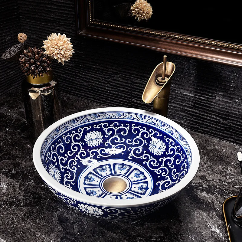 Blue And White Chinese Antique ceramic sink wash basin Ceramic Counter Top Wash Basin Bathroom Sinks small sink bathroom