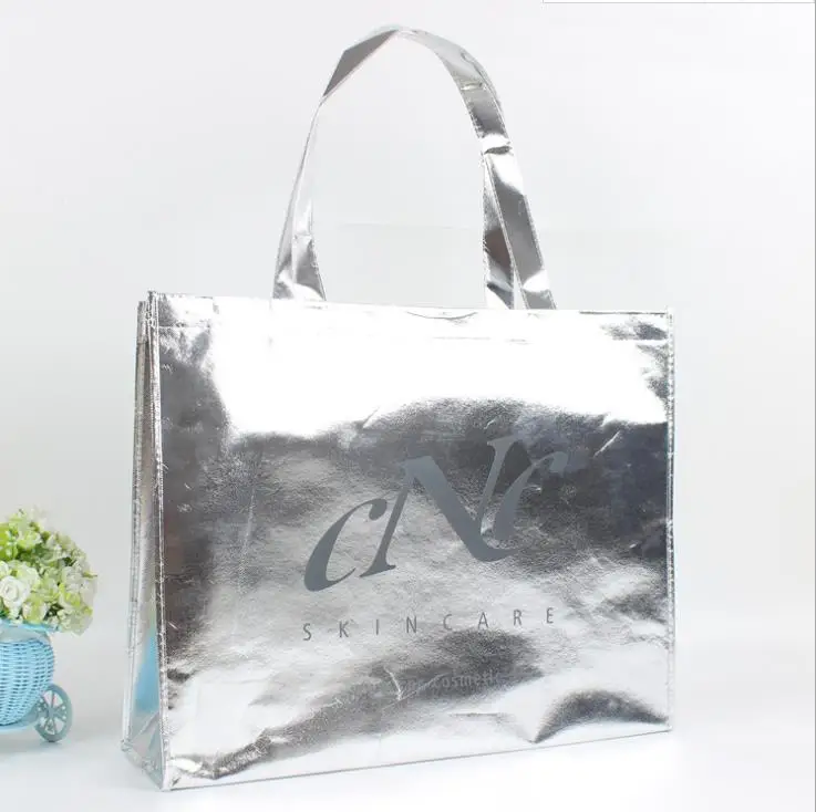 Bulk sale custom reusable silver color metallic non woven tote bag