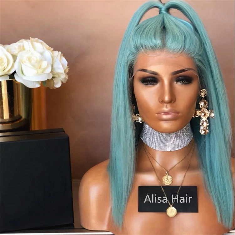 Alisa Hair Green Color Short Straight Human Hair Glueless Lace Front Wigs