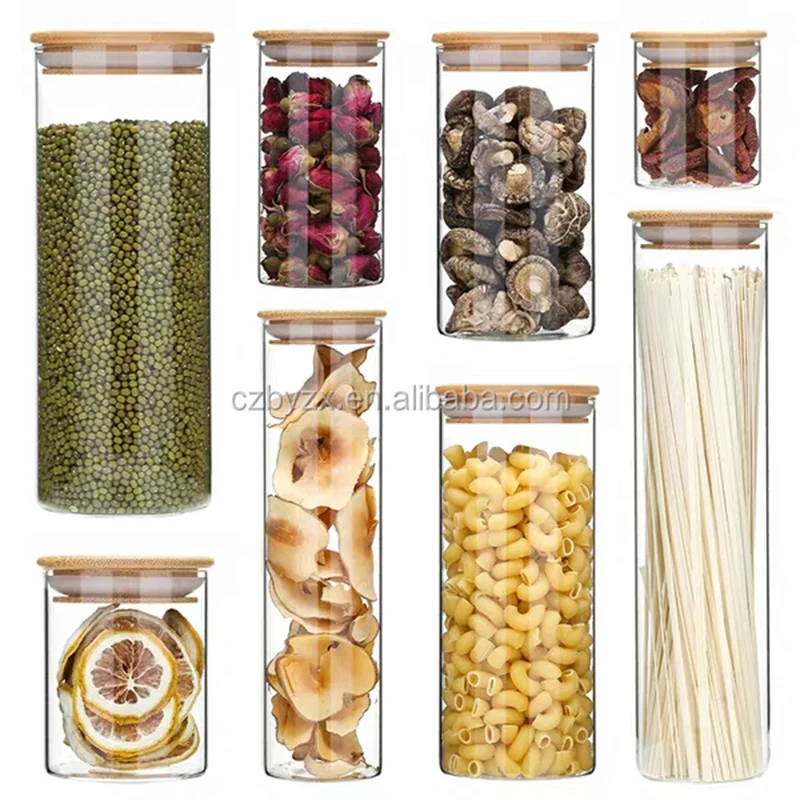 Bottom Price Sales Borosilicate Cookie Candy Honey Food Glass Storage Jar With Airtight Bamboo Lid Storage Tank