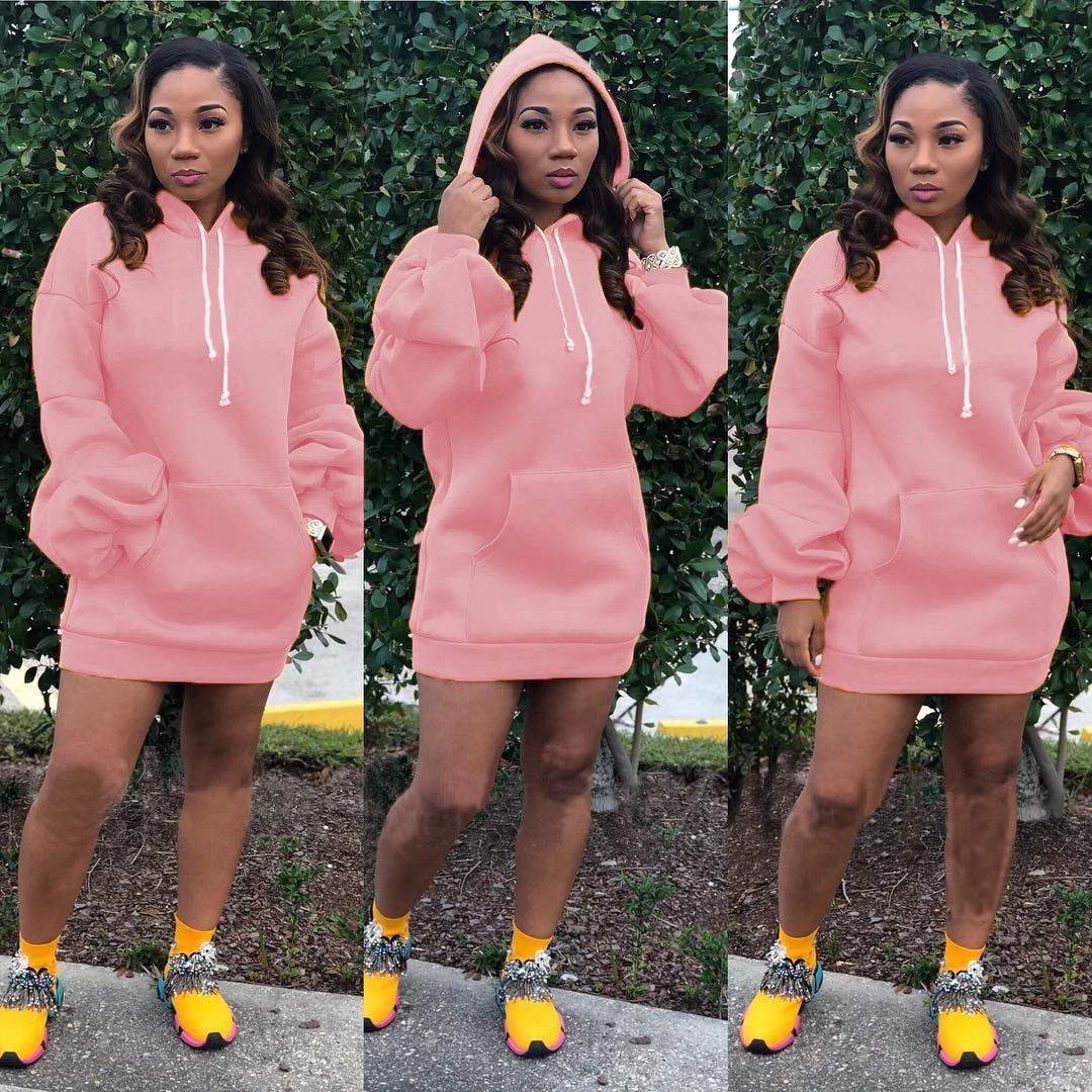 
Bunny BN-A8270 plain hoodie dress with casual loose puff sleeves womens hoodies woman dress 