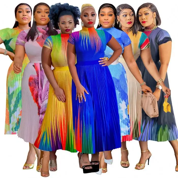 M6830-african clothing women tie dye print long pleated skirt sets women 2 piece outfits 2023