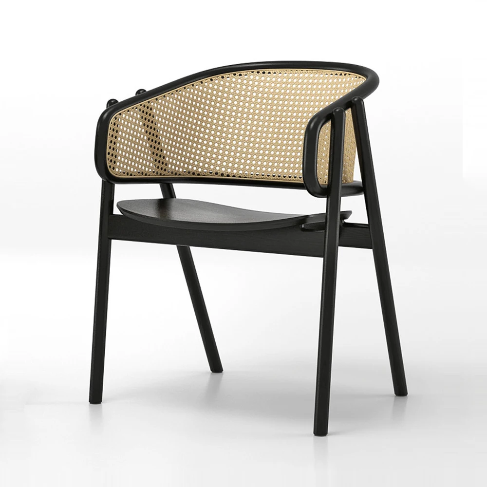 French Style Solid Ash Wood Dining Armchair Rattan Cane Back Black Restaurant Dining Chairs for Cafe