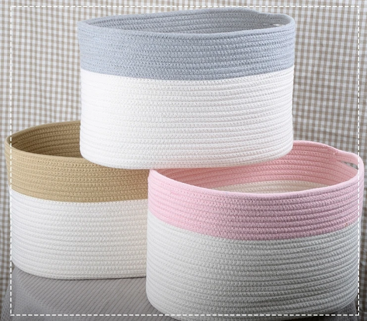 Custom Brand Round Toys Clothes Decorative Containers Hand Woven Cotton Rope Storage Laundry Basket With Leather Handles