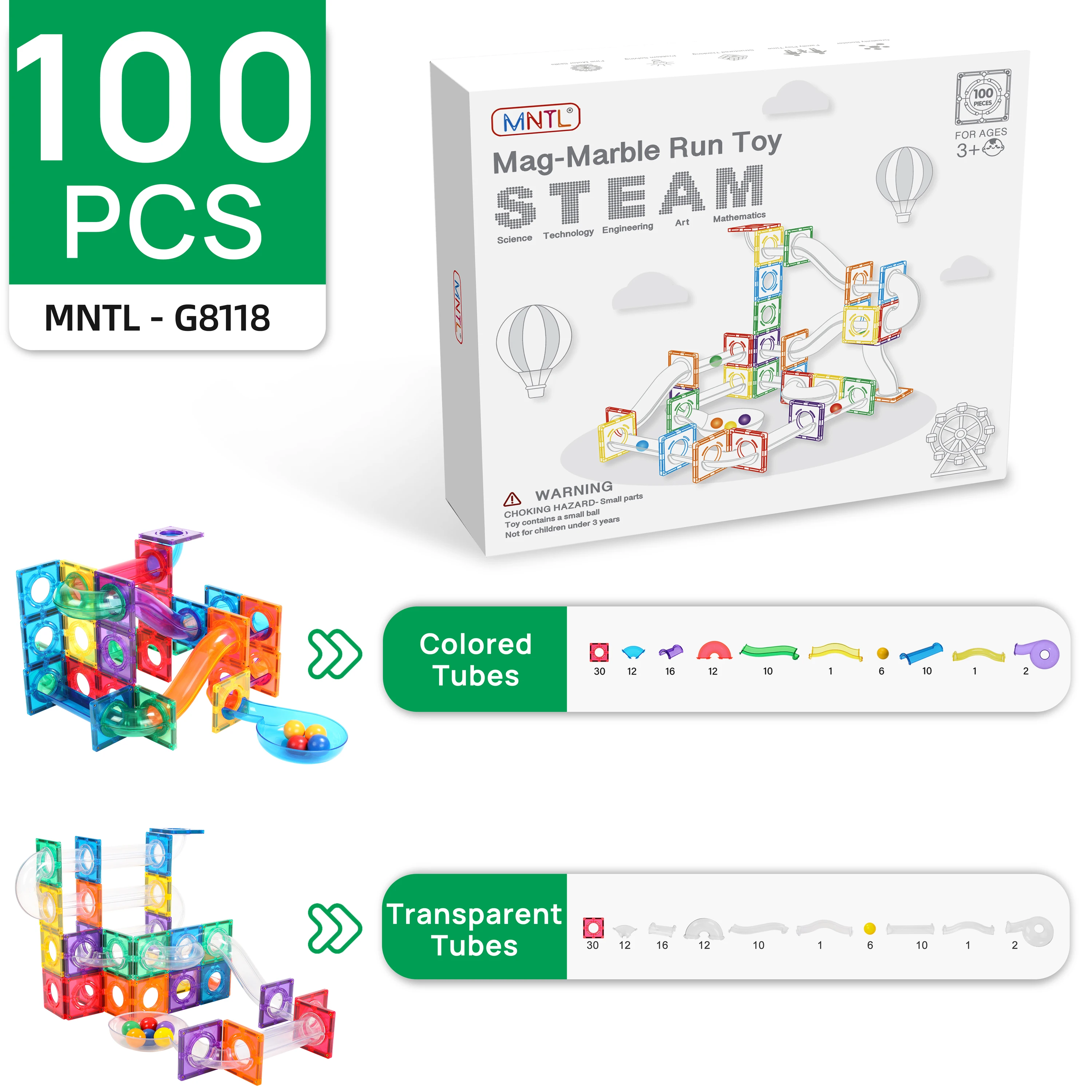 MNTL Marble Run Race Track Educational Magnetic Tiles 100pcs Magnetic Connecting Blocks Montessori Educ Toys