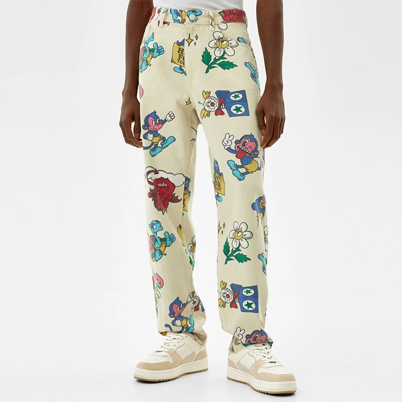 New Fashion Custom Logo Oversize Jeans Cartoon Printed Beige Color Baggy Denim Pants For Men Streetwear