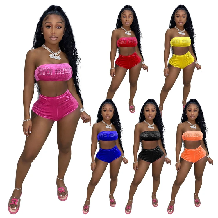 
Summer Sexy Ladies 2 PCS Club Outfits Bra Top Shorts Rhinestone Plus Size Women Two Piece Set 