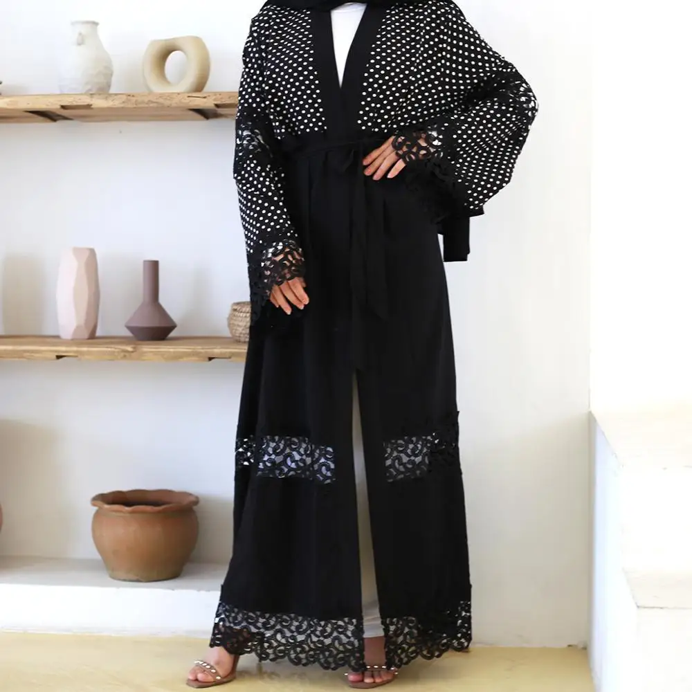 
2020 Latest design cardigan wholesale muslim pearl dress velvet Dubai kimono open abaya 