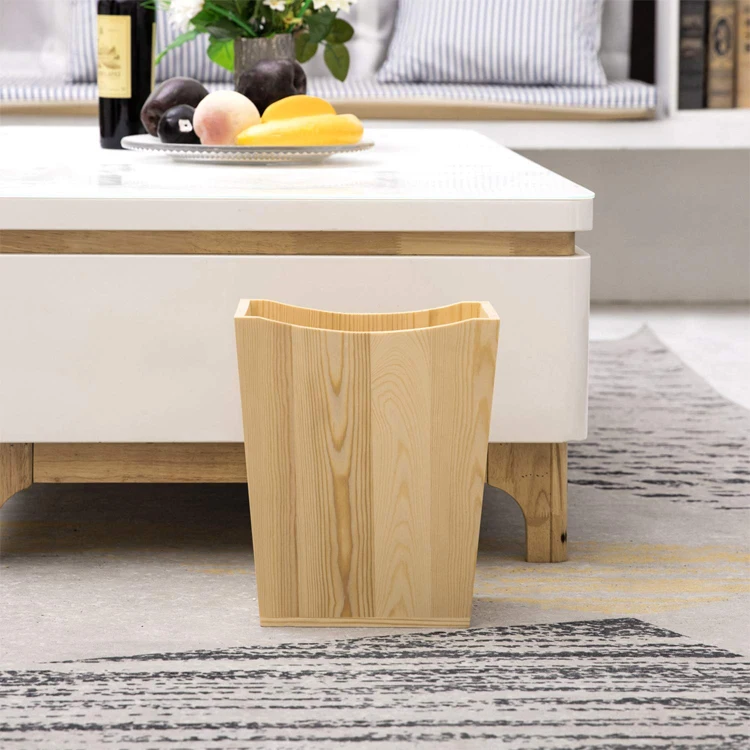 Natural wood square wastebasket trash can unfinished recycle basket for house