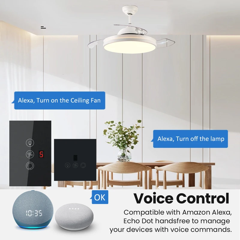 Smart Remote Control Switch for Ceiling Fan Light Touch Glass Panel with Tuya Alexa Google Home Voice