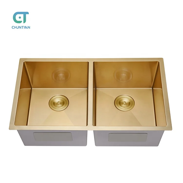 Nano PVD Gold Color Stainless Steel Double Bowl Kitchen Sinks