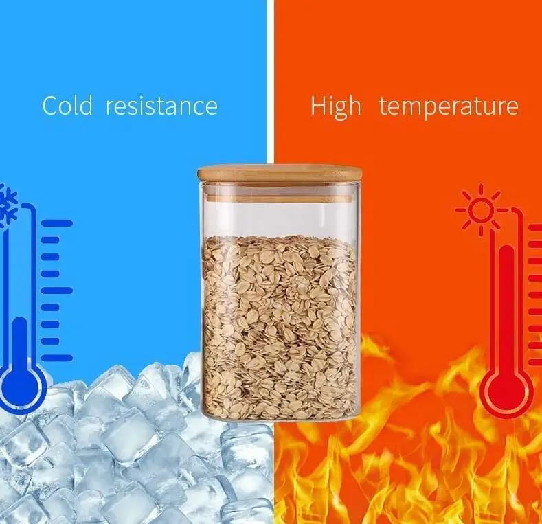 Устойчивая к высоким температурам боросиликатная деревянная крышка без БФА квадратная стеклянная баночка бамбук