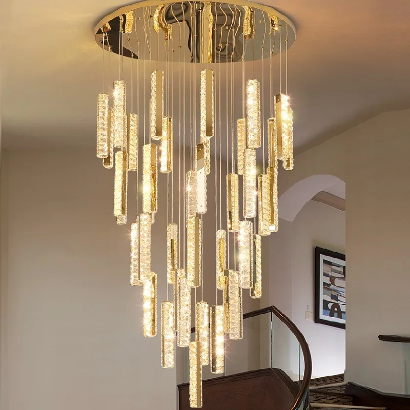 Nordic Style Drop Light Crystal Pendant Lights Luxury Long Office K9 Crystal Chandelier High Ceiling Lighting for Villa Stairs
