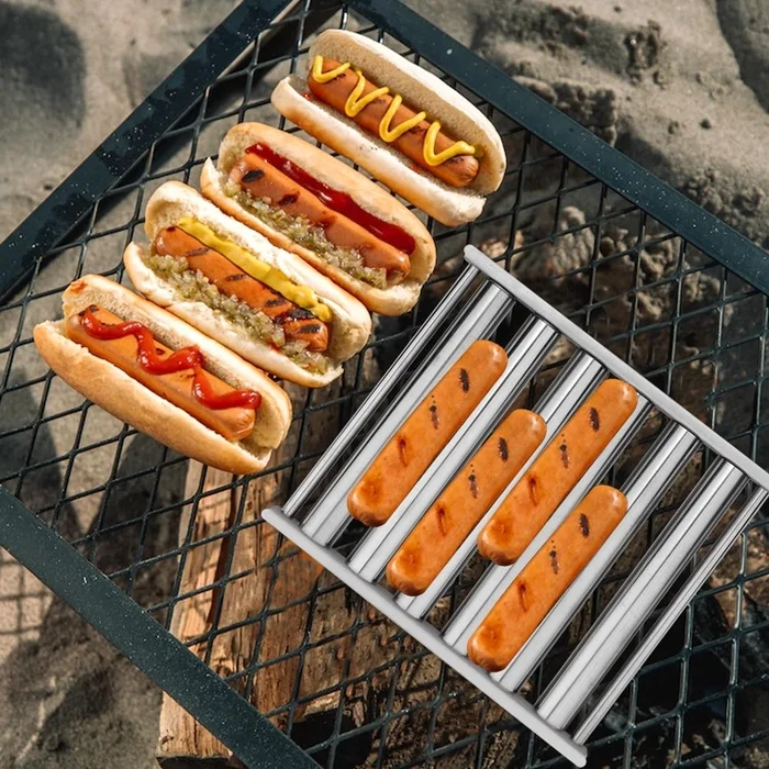 Camping Mini Portable Stainless Steel Hot Dog Sausage Roller With Wood Handle For Grill Bbq Accessories Rack Steamer
