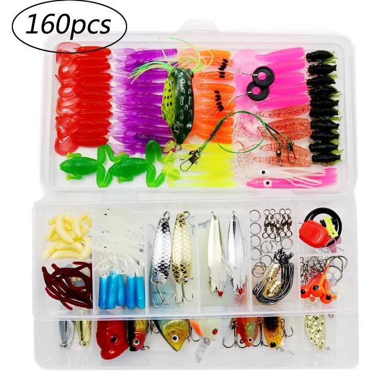 160pcs Fishing Gear Set Sequins Spoon Lure Minnow Soft Bionic Bait Accessories Tackle Box Fishing Lure Kit Fishing Accessories