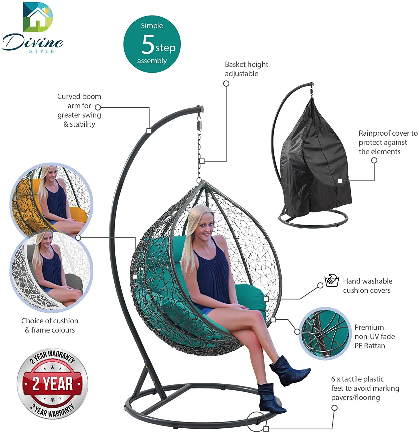 Heavy duty PE rattan hanging egg swing chair with cushion stand garden courtyard wicker hammock patio swing chair