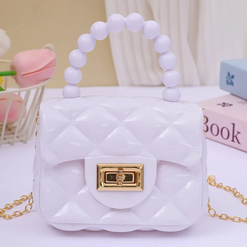Trendy jelly purse bag for girl cute princess handbag PVC shoulder bags with pearl handle long chain