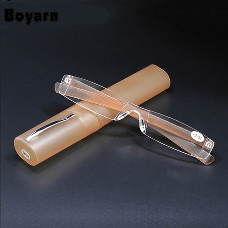 Rimless Reading Glasses Women Men Resin Clear Lens Eyeglasses Portable Pen Tube Presbyopia Glasses with Case +1.0 +4.0