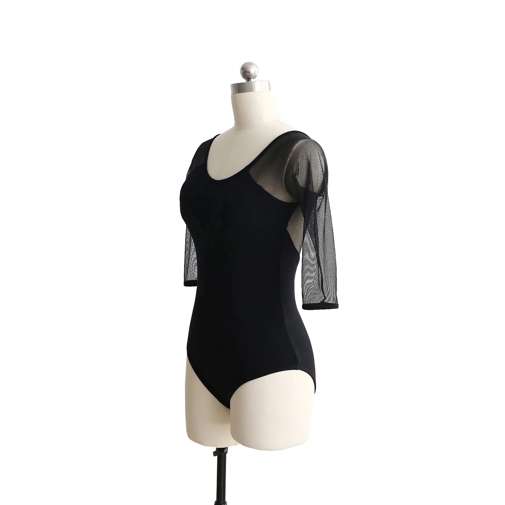 Adult Womens Ballet Dancewear Mesh Half Sleeve Black Modern Dance Training Suit For Women