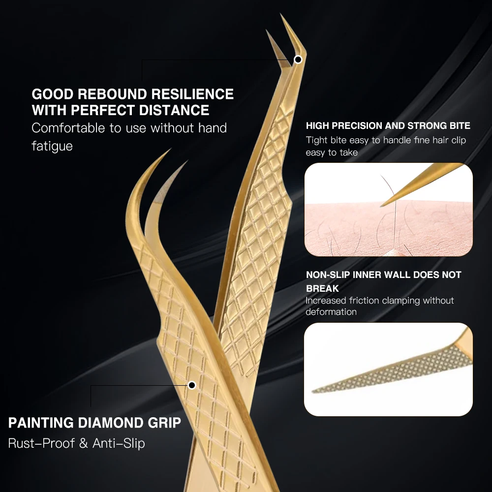 Eyelash Extension Tweezers With Fiber Tips Golden Stainless Steel High Precision Tweezer for Volume Fans Makeup Tools