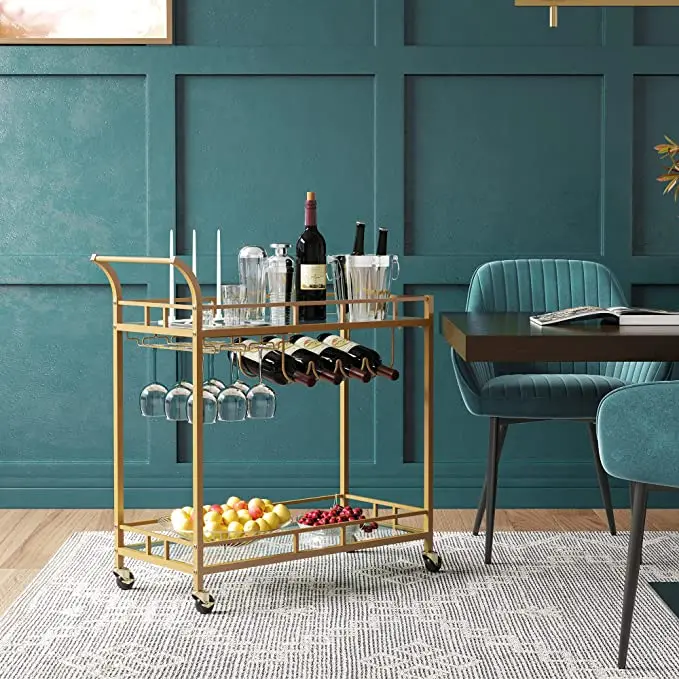 Hotel Furniture Drink Beverage Cart Gold Frame Rolling Bar Carts Acrylic Glass 2 Shelves Food Serving Trolley Cart