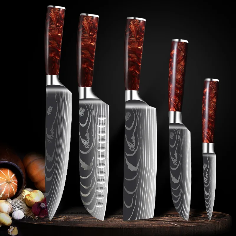 Good Selling 5pcs Handmade Kitchen Knife Set Laser Damascus Texture Kitchen Knives Accessories
