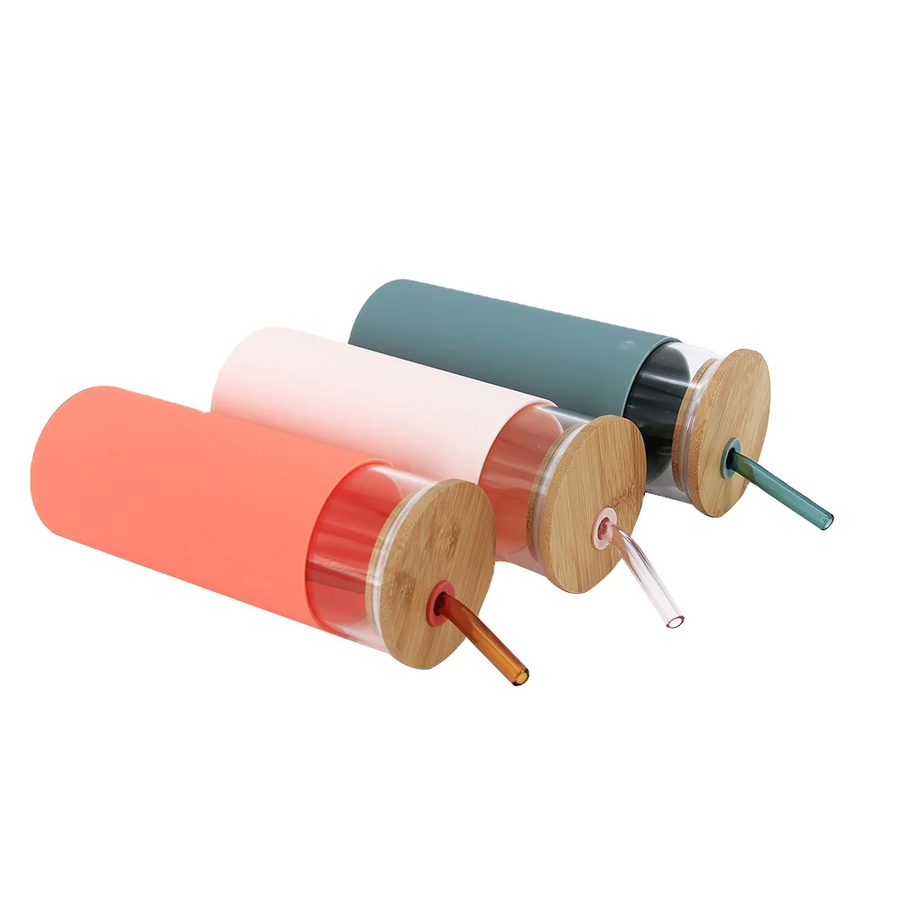 Eco Friendly Direct Drinking 450ml Glass Water Bottle With Bamboo Lid For Hiking