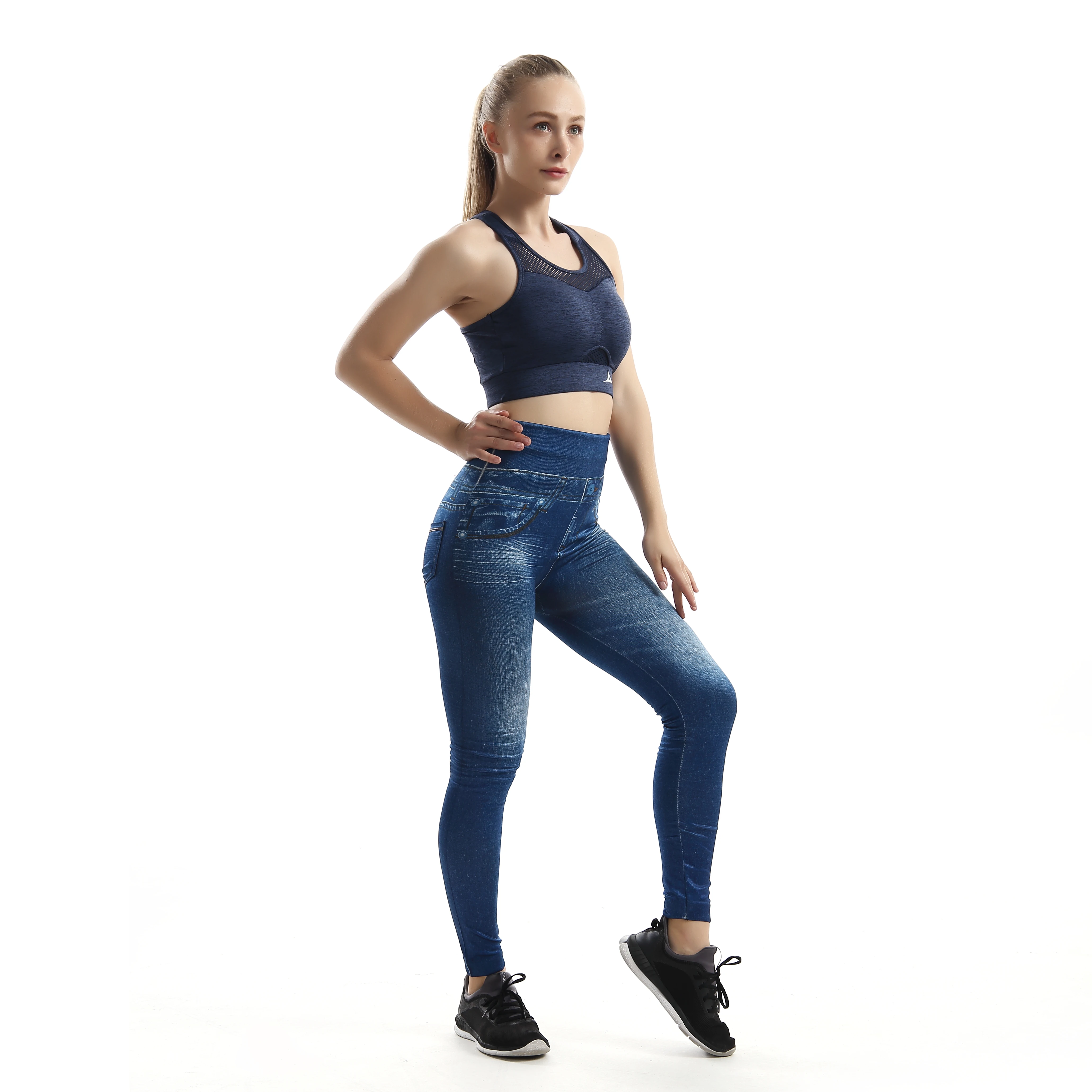 Women High Waist Seamless Leggings Cutout Ripped Denim Jeans Plus Size Ankle Yoga Pants